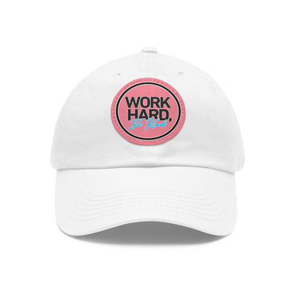 Work Hard Be Kind Black Circle Hat with Leather Patch