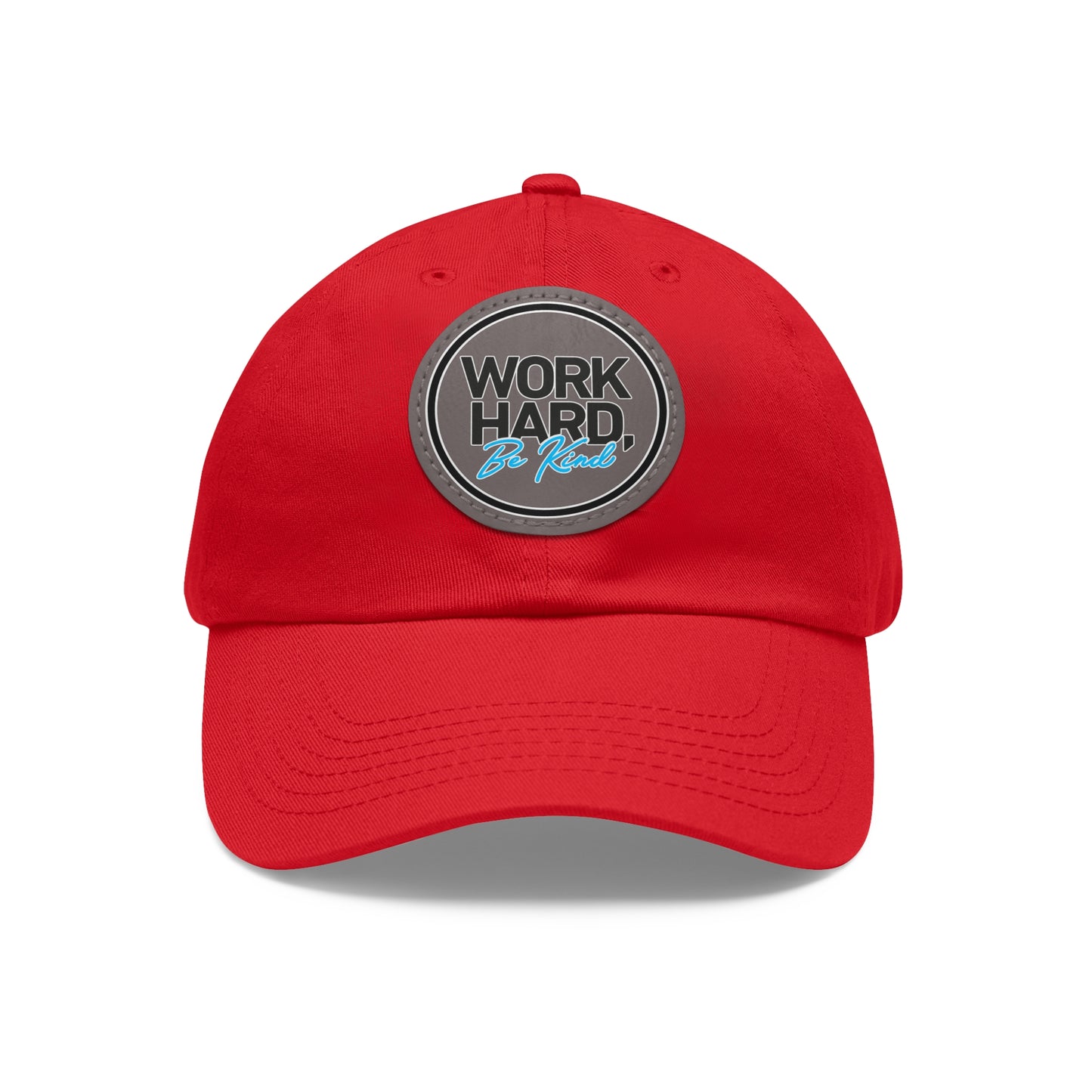 Work Hard Be Kind Black Circle Hat with Leather Patch