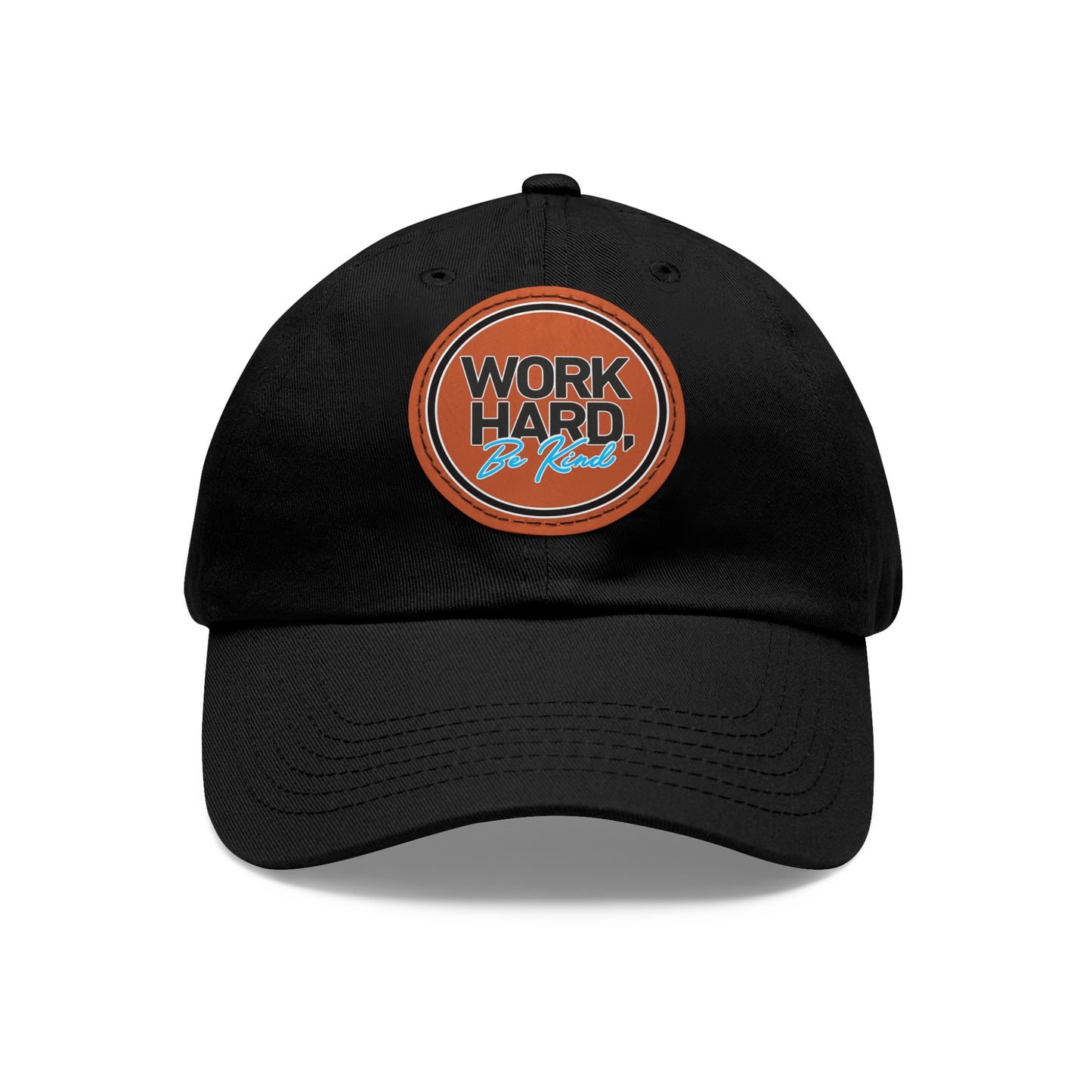 Work Hard Be Kind Black Circle Hat with Leather Patch