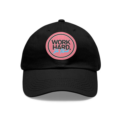 Work Hard Be Kind Black Circle Hat with Leather Patch