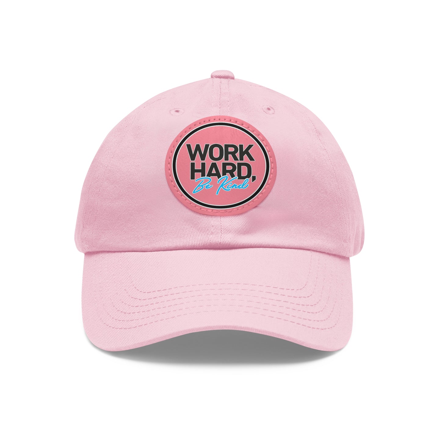 Work Hard Be Kind Black Circle Hat with Leather Patch