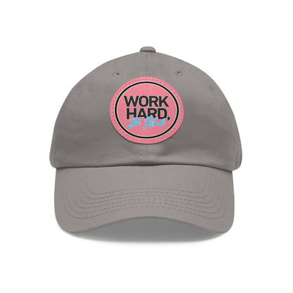 Work Hard Be Kind Black Circle Hat with Leather Patch